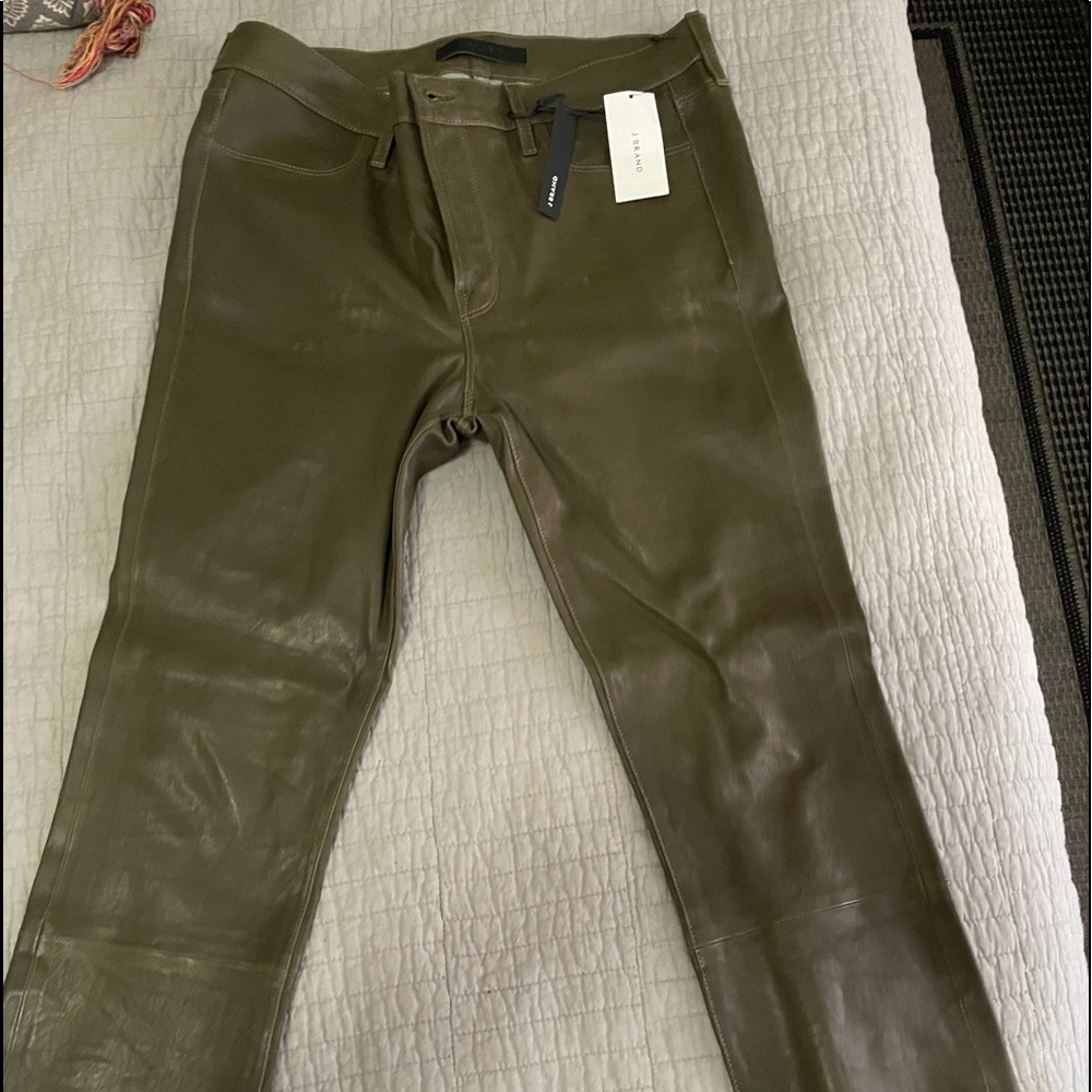 J Brand stretch leather skinny jeans. Olive green